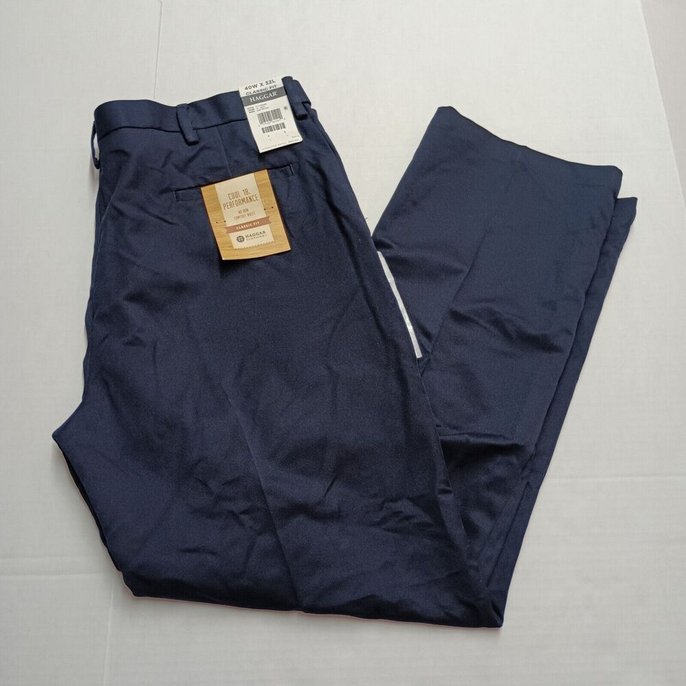 HAGGAR Cool 18 Performance Classic Fit Men's NAVY Slacks Pants 40x32 NWT